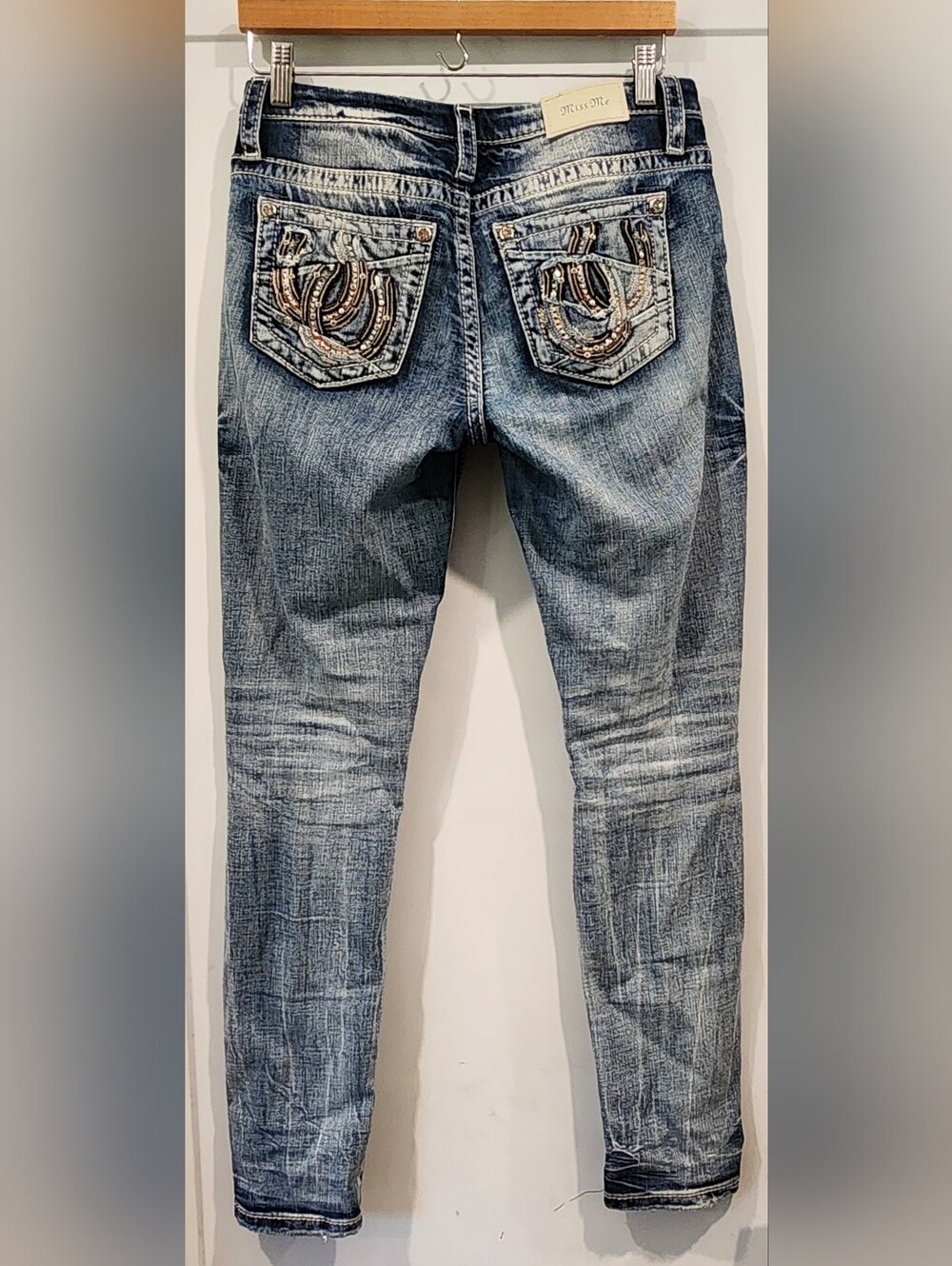 Miss Me Jeans Womens Sz 27 Low Rise Skinny Stretch Bling Rodeo Denim Horseshoe